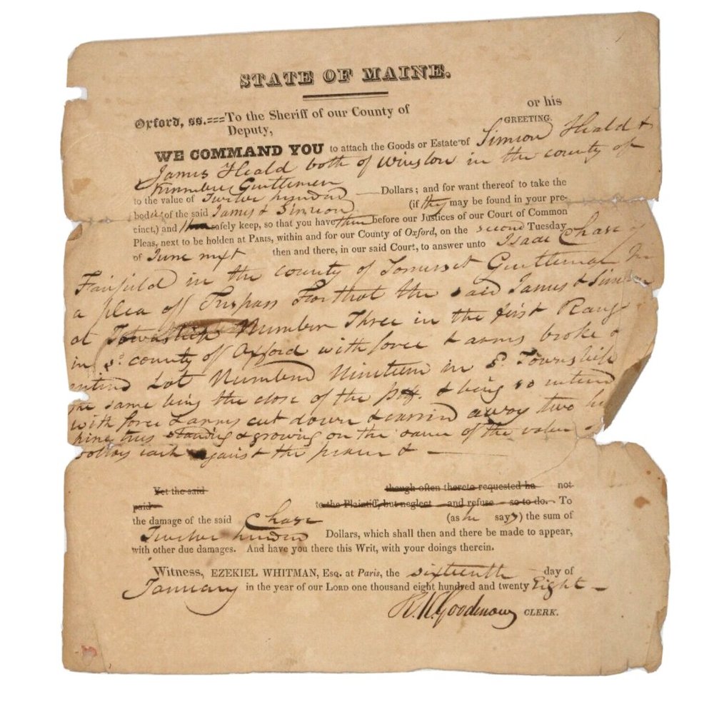 1828 State of Maine warrant Simon & James Heald sheriff deputy document